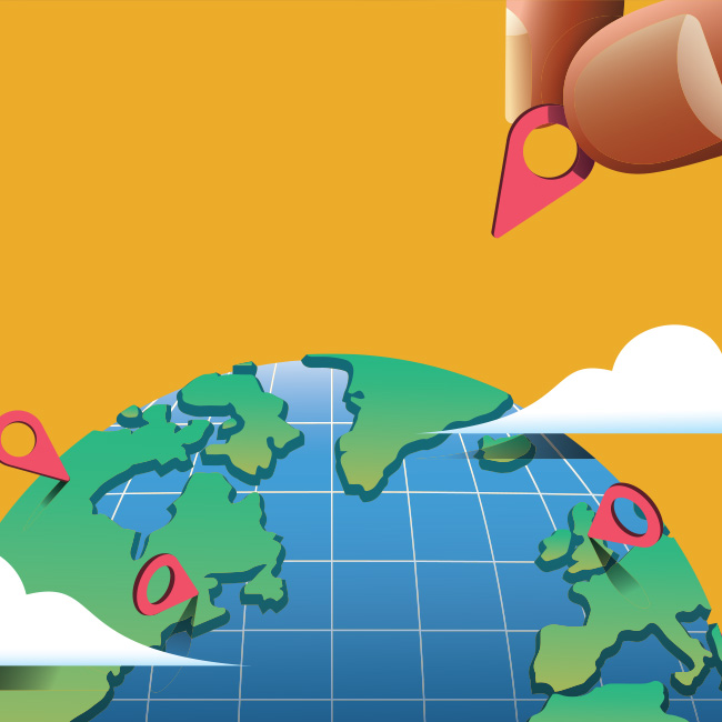 Hand adding location pin to globe