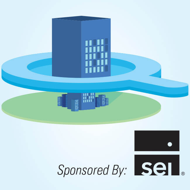 Magnifying Glass on a Building with Sponsored by SEI