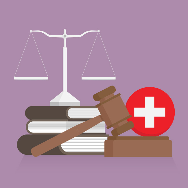 Illustrated group of law-related items and a health icon