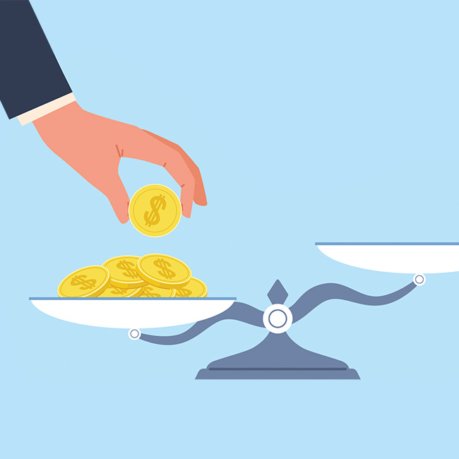 Illustration of a hand placing coins onto one side of a scale, weighing that side down