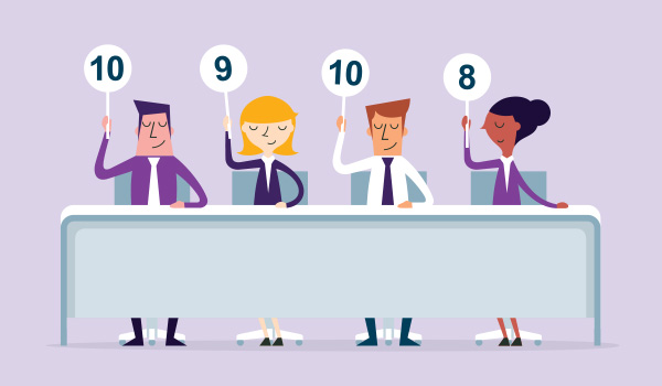 Illustrated group of people at a table holding up scoring signs