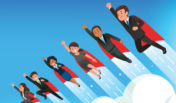 Illustration of business people wearing capes and taking flight