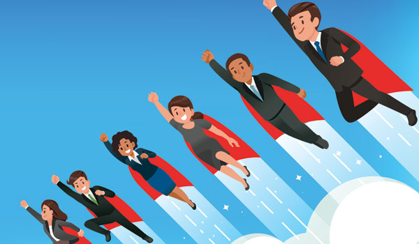 Illustration of business people with capes flying upward