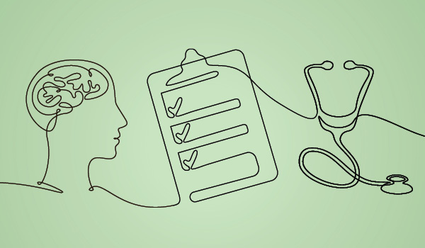 A drawing of a head/brain connected to a checklist connected to a stethoscope