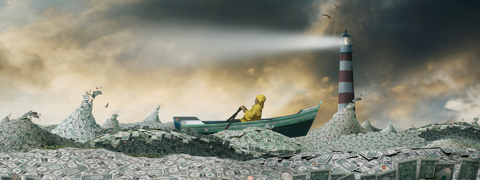 A lighthouse pointing the way for someone rowing in a boat in a sea of money