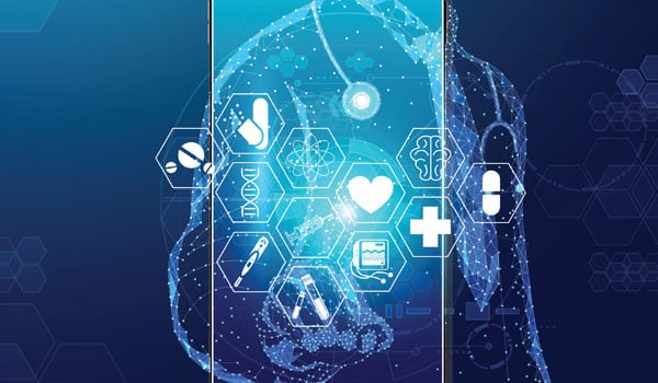 Health and science icons overlaying the profile of a doctor