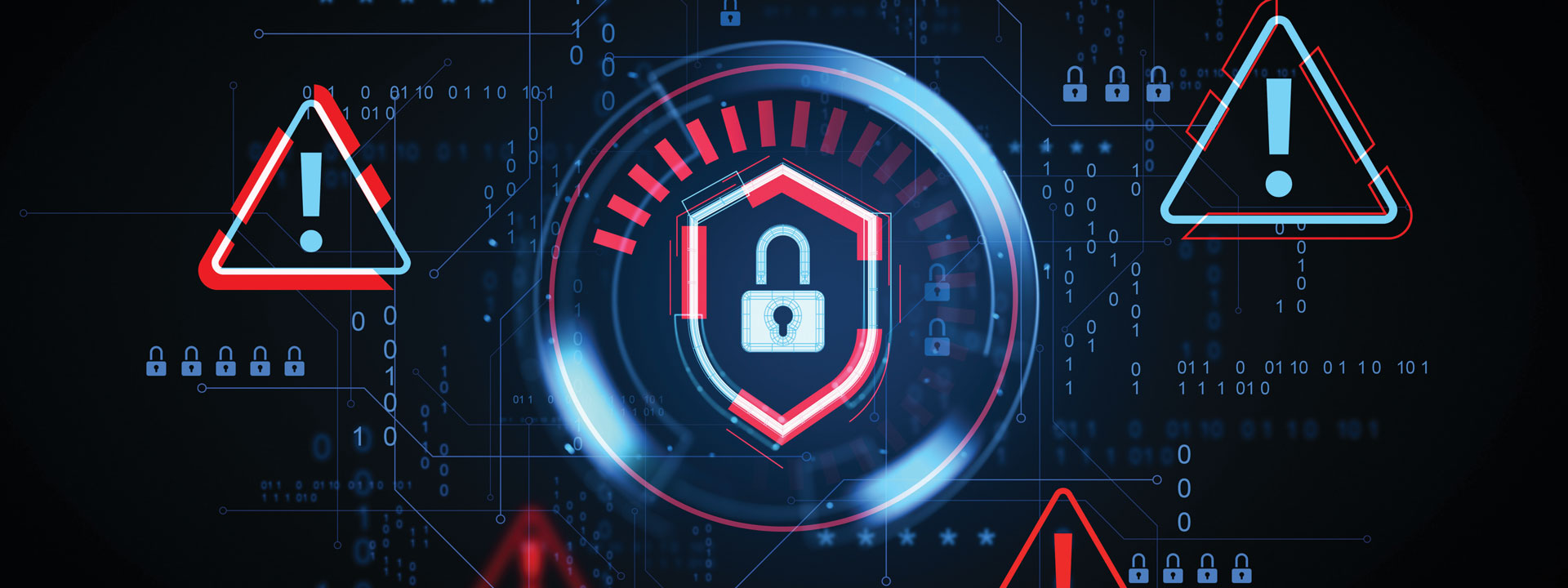 Various cybersecurity icons including warning symbols and locks