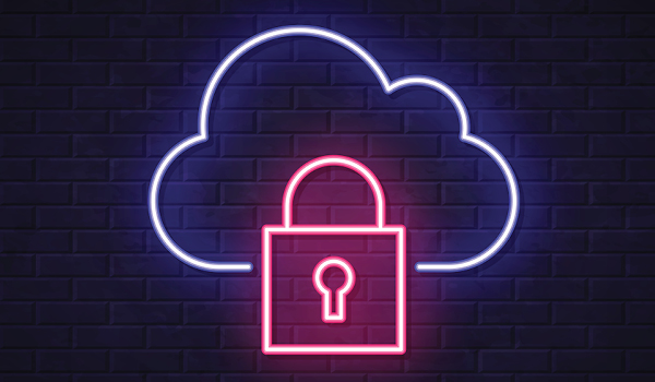 Neon sign of a lock symbol on a cloud