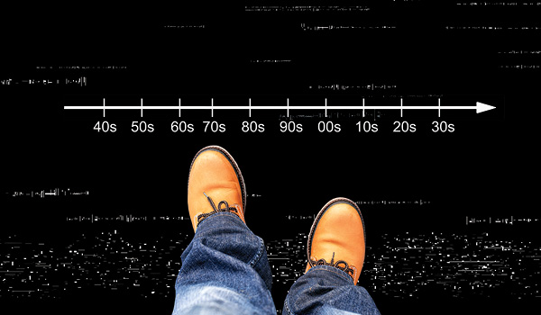 Downward shot of feet standing by a timeline of past and future decades