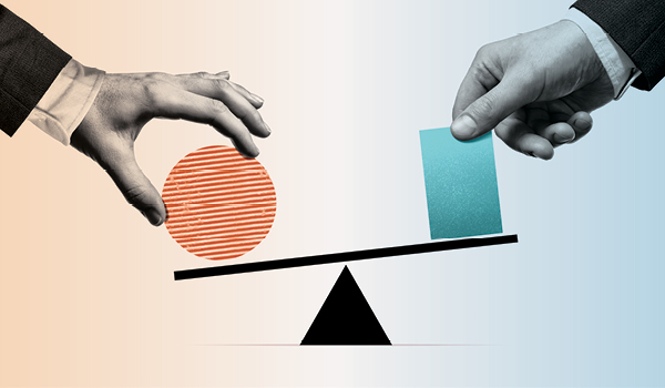 Two hands trying to balance a circle and a rectangle on a scale