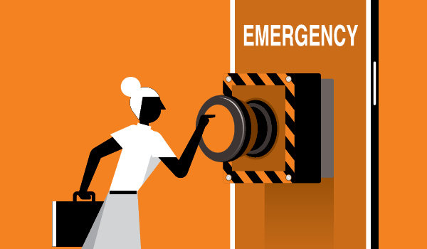 Illustrated person pressing a giant emergency button