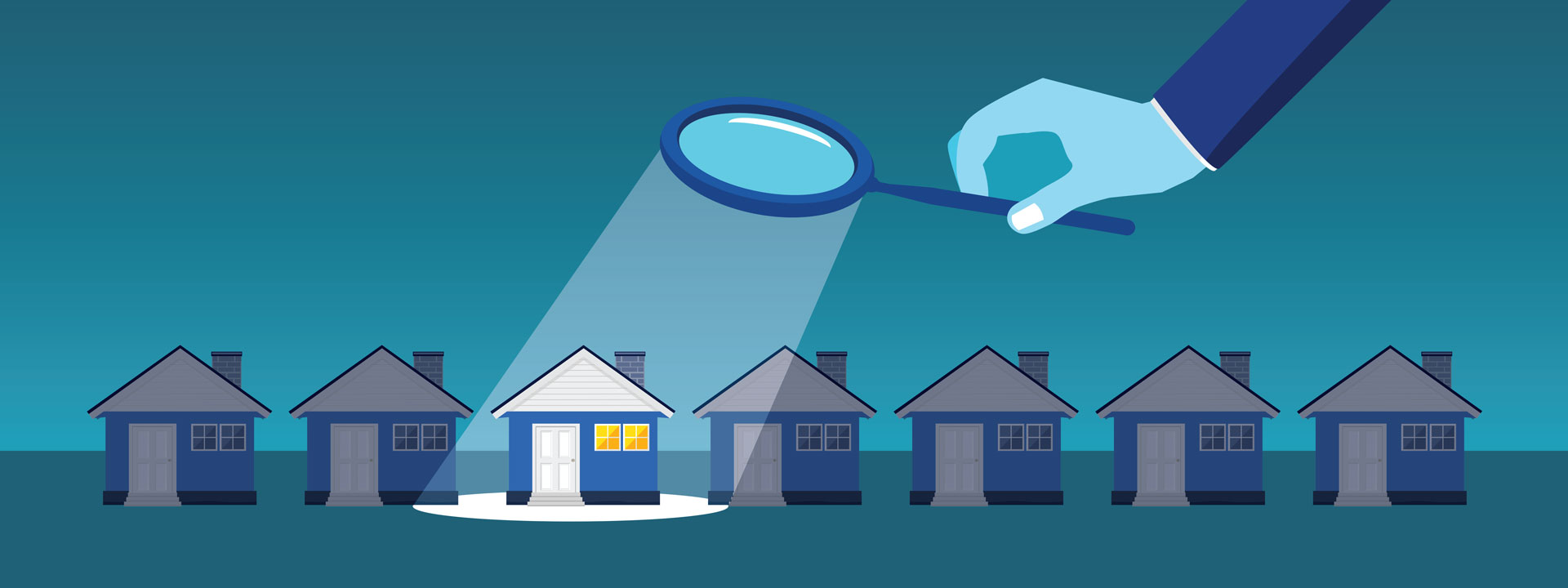 Illustration of a row of houses and a hand holding a magnifying glass over one of them