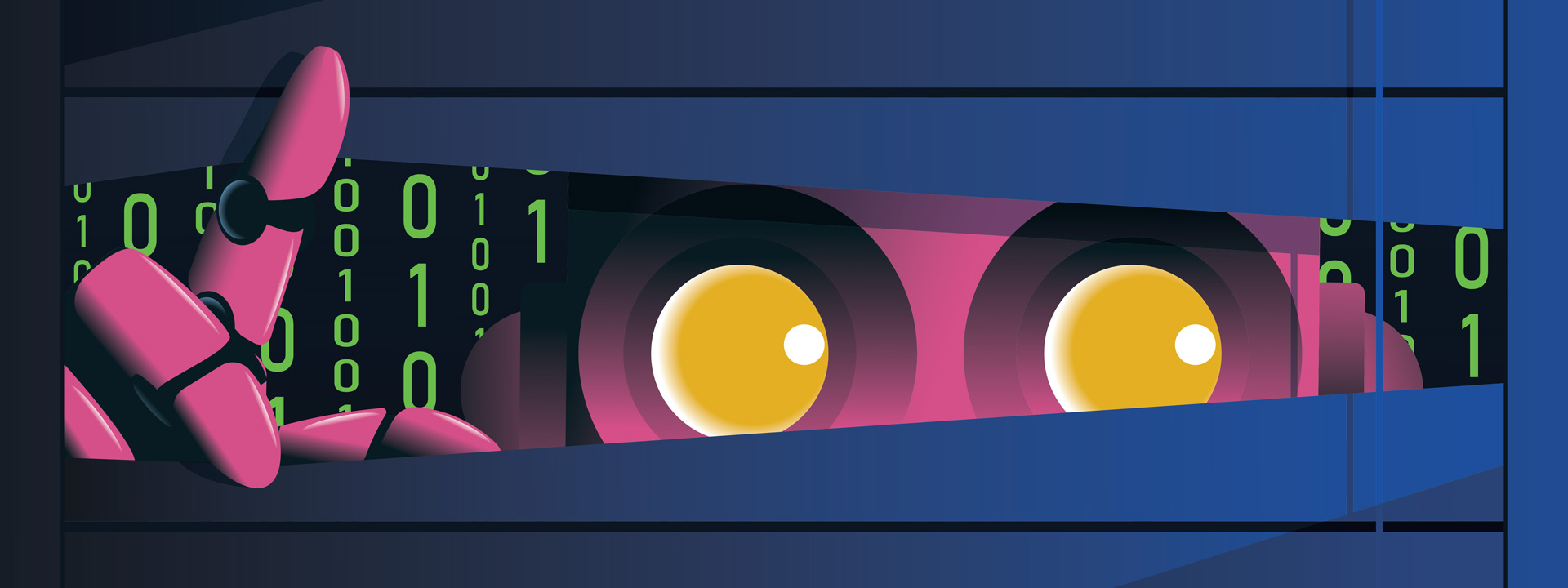 Illustration of a robot looking through blinds