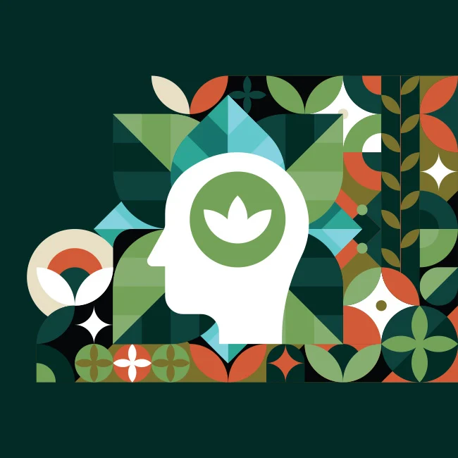 Illustration of leaf in a person's head, surrounded by wellness designs